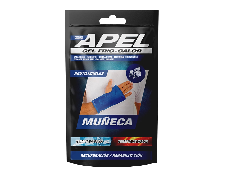 Banda de Gel Frío-Calor para Muñeca APEL ajustada en la muñeca, utilizada para aliviar esguinces, tendinitis y artritis.