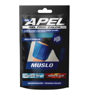 Banda de Gel Frío-Calor para Muslo APEL ajustada en la pierna, ideal para aliviar contracturas, distensiones y desgarros musculares.