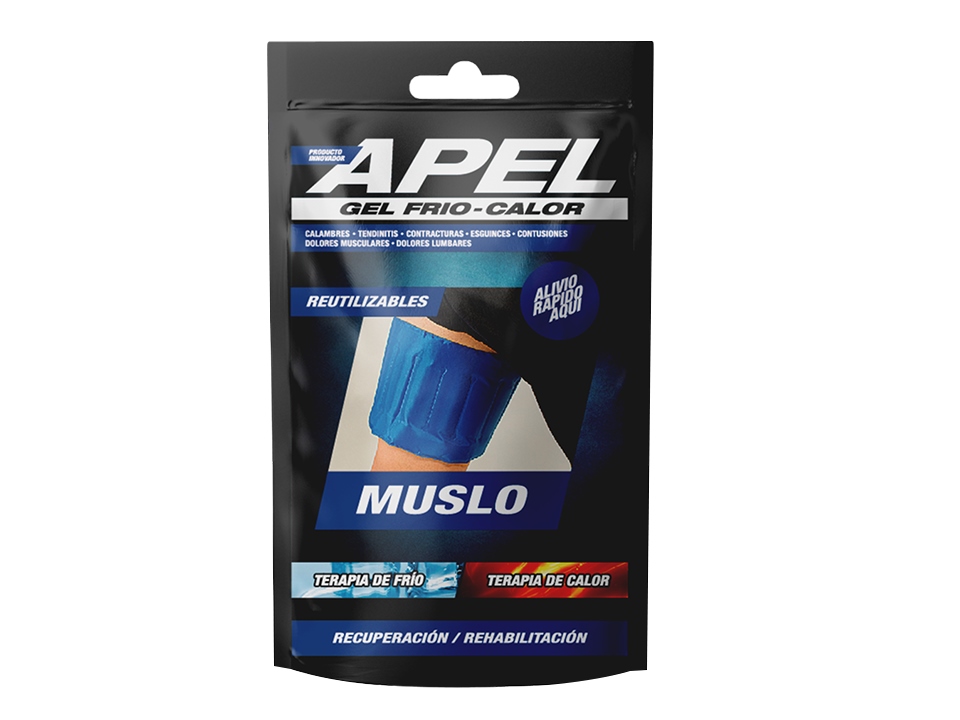 Banda de Gel Frío-Calor para Muslo APEL ajustada en la pierna, ideal para aliviar contracturas, distensiones y desgarros musculares.