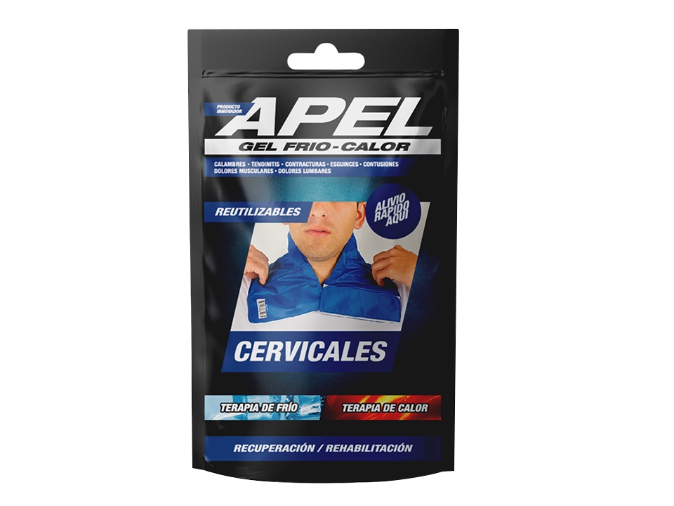 Banda de Gel Frío-Calor para Cervical APEL colocada en el cuello, ideal para aliviar contracturas, artrósis y tensión muscular.