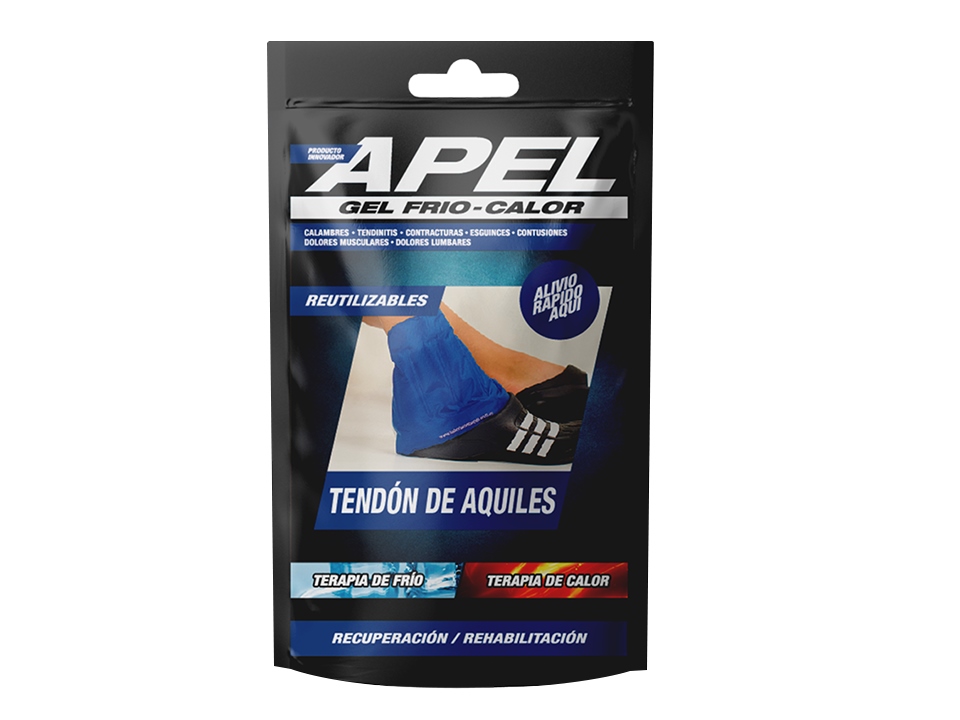 Banda de Gel Frío-Calor para Tendón de Aquiles APEL colocada en el tobillo, ideal para aliviar esguinces, tendinitis y desgarros.